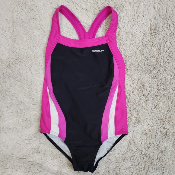 Speedo Girls One Piece Pink, Black Swimsuit Bathing Suit Size 12 - Picture 1 of 5